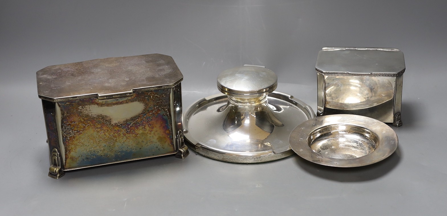 A silver capstan inkwell together with a silver Armada dish, a plated Mappin & Webb box and another plated box